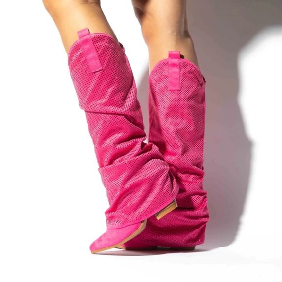 Country Twist Fuchsia Draped Rhinestone Fold Over Western Cowgirl Boots - Picture 13 of 13